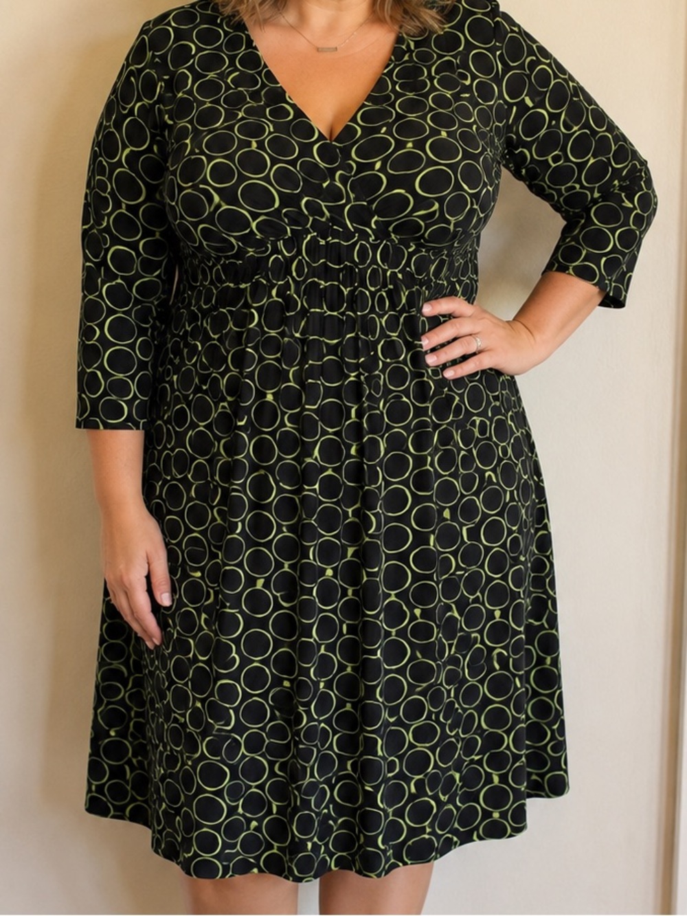 Liz Claiborne Black Dress with Lime Green Circle Print